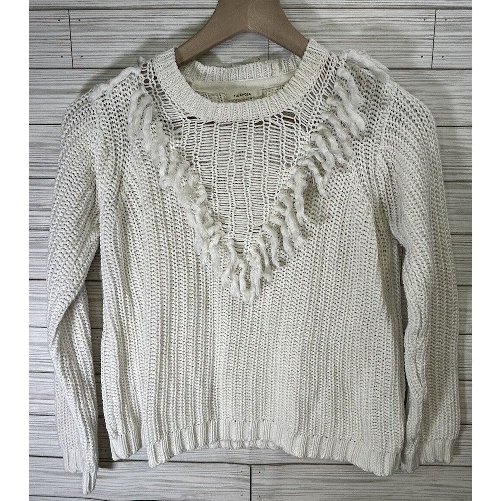 Revolve Tularosa White Knit Sweater V‎ Neck Fringe Crochet Pullover Size Sm